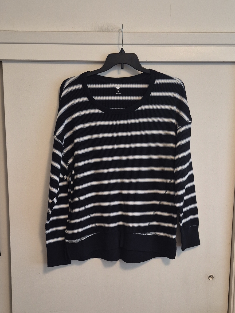 SO Black and White Striped Crewneck Sweater